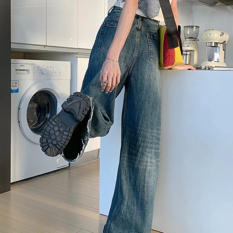 Vintage Women's Jeans Loose Wash Blue Jeans Floor Long Pants Wide Leg Pants Women OL 2023 Autumn Korean Fashion Women Clothing