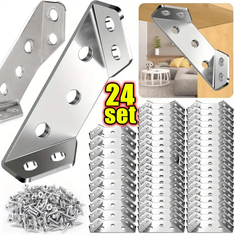 1/24set Corner Brackets Stainless Steel Furniture Angle Shelf Connector Cabinet Support Fixing Frame Corner Brace with Screw stainless steel angle bracket angled furniture hardware furniture hardware angle connector angle bracket