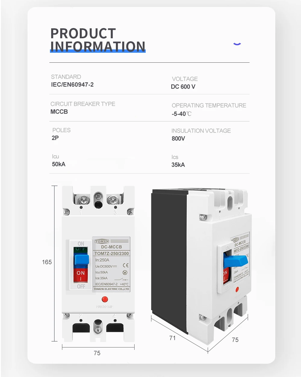 Sobrecarga, Protetor de Interruptor para PV Solar Fotovoltaica, 1P, 2P
