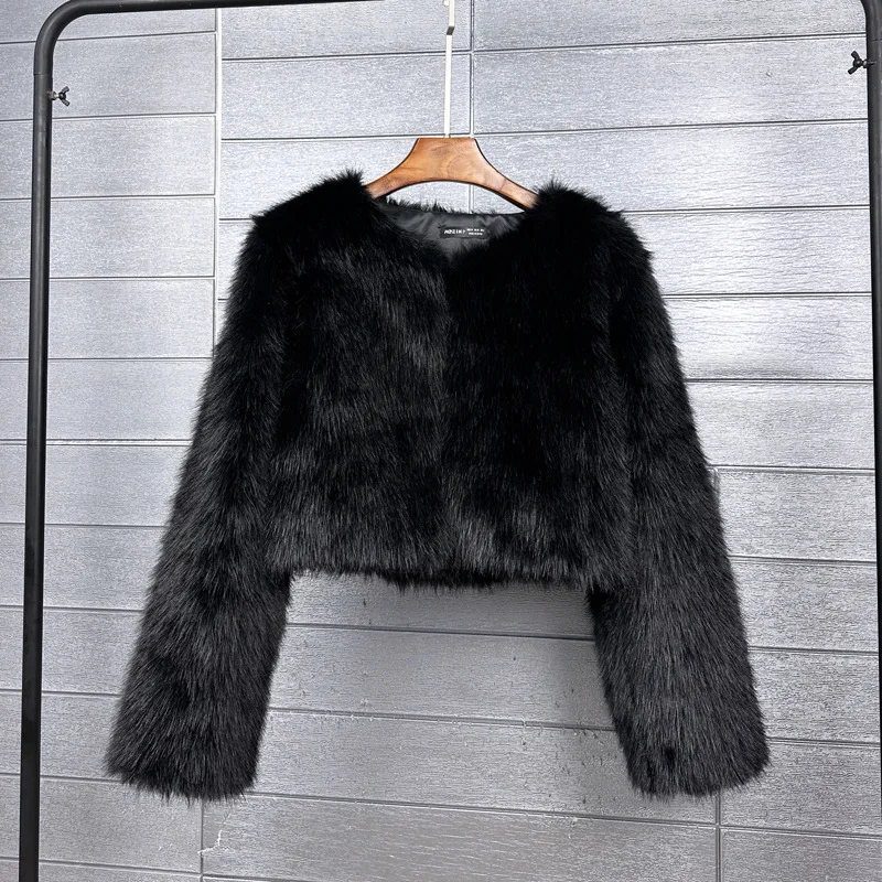 Ins Hot Brand Fashion Black Warm Cozy Cropped Faux Fur Coat Women