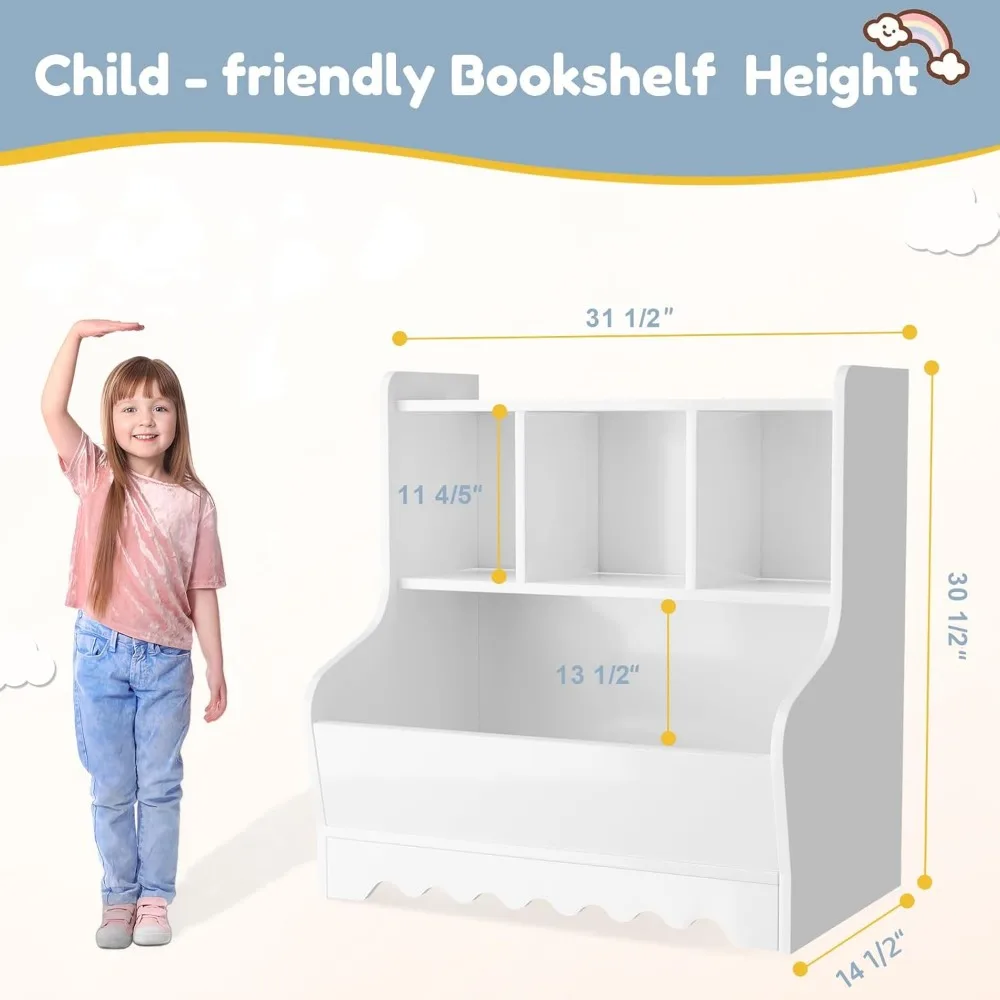 Kids Bookshelf, Toddler Toy Storage Organizer, Wooden 4 Cubby Children Book Shelf for Playroom, Bedroom, Nursery, Classroom 2