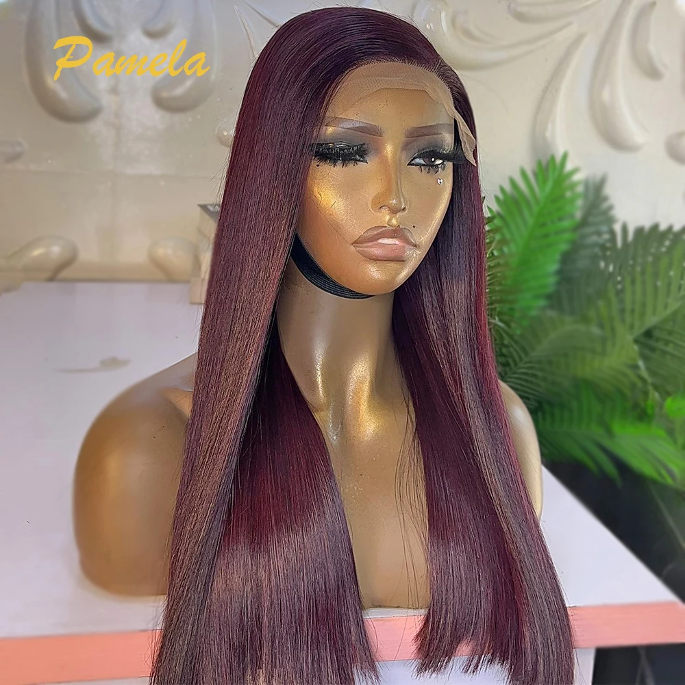 250% Density Burgundy Bone Straight 13x4 Lace Front Wig 99j Colored 9x6 Transparent Lace Closure Human Hair Wigs For Women