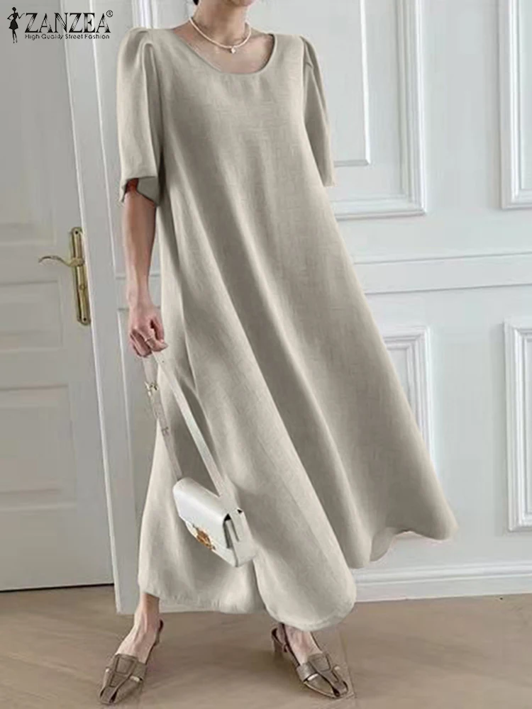 

ZANZEA Summer Woman Fashion Solid Dress Vintage Holiday Vestidos Casual Party Dresses O Neck Short Sleeve Sundress Oversized