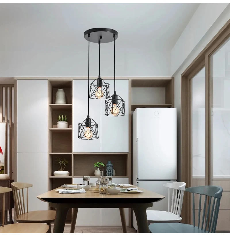 Industrial Pendant Light Adjustable Hanging Lamp for Ceiling Light Fixture Metal Cage Chandelier Lighting for Island Dining Room