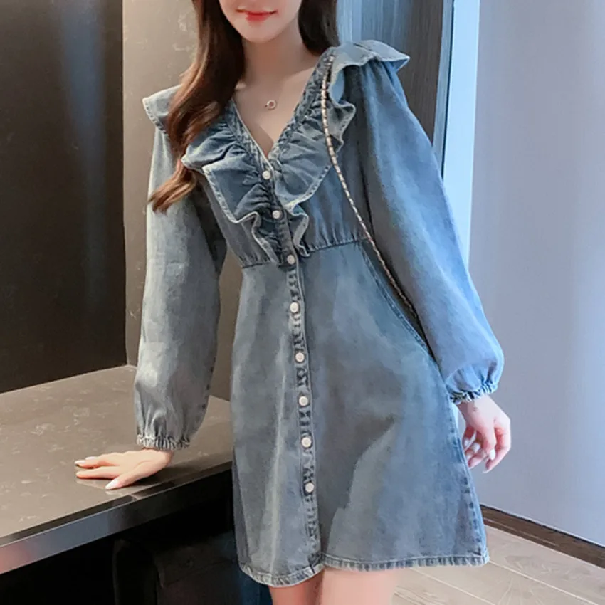 

Korean Fashion Vintage Denim Dresses Women Long Sleeve Ruffle Sweet Jeans Dress Long Sleeve A Line Mini Dress Vestidos