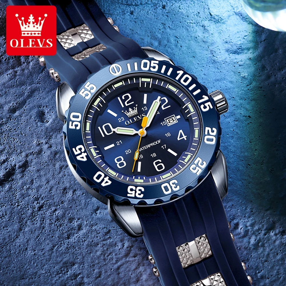OLEVS 3688 Luxury Watches For Men Fashion Silicone Strap Quartz Man Watch 44mm Big Dial Waterproof Luminous Men's Sports Watches