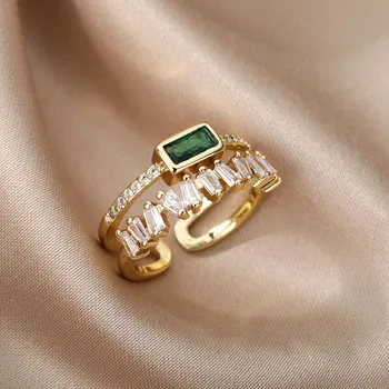 Anelli di zircone a doppio strato irregolari verdi classici per le donne Anello di barretta aperto da sposa placcato oro in acciaio inossidabile Spedizione gratuita
