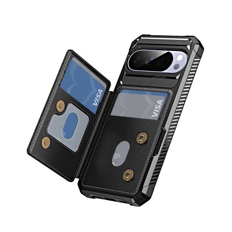 Heavy Duty Armor Leather Card Holder Wallet Case with Magnetic Wireless Charging Compatibility