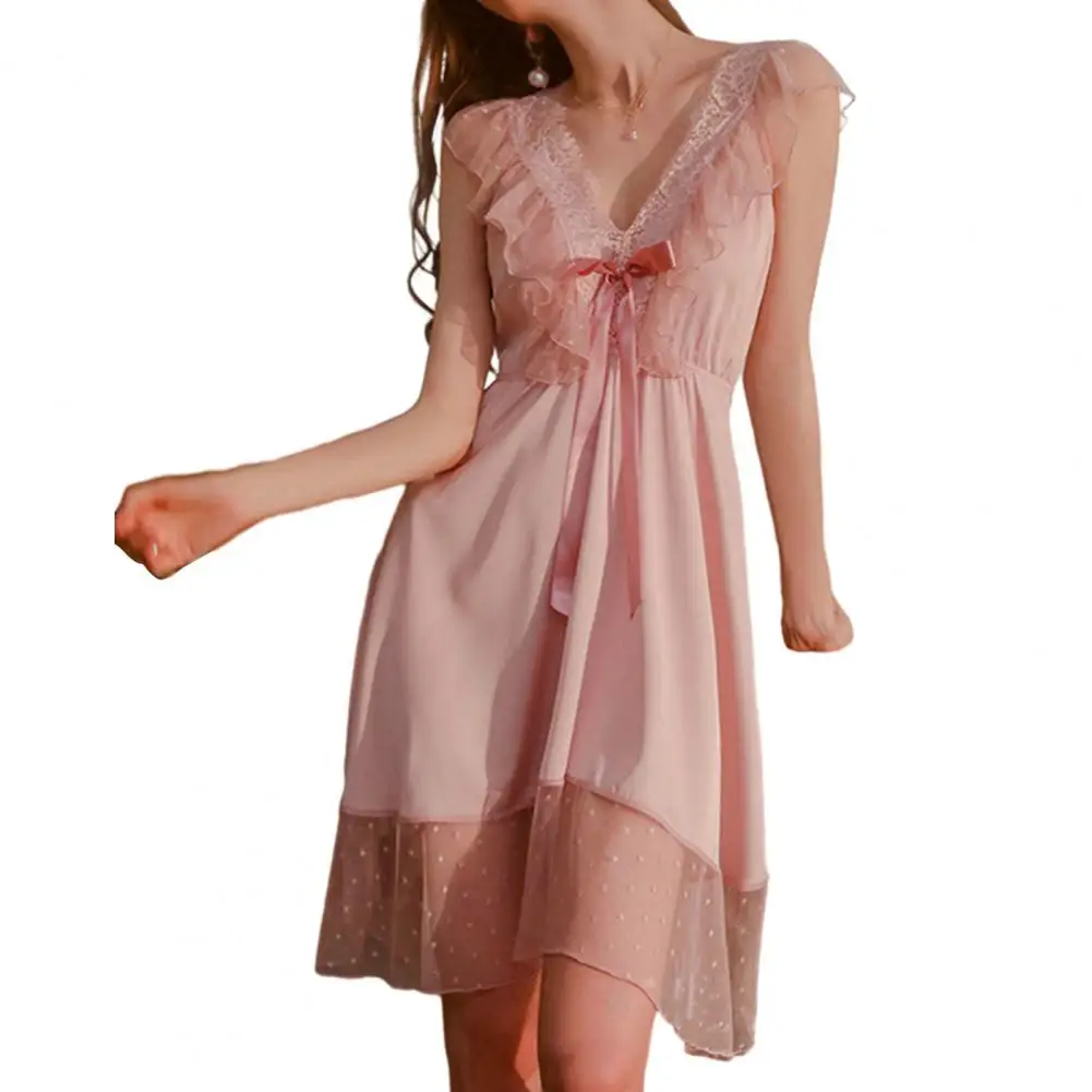 Women Satin Nightgown Suspender Nightgown Elegant V Neck Lace Ruffle with Double-layered Bow-decor Mesh for Women