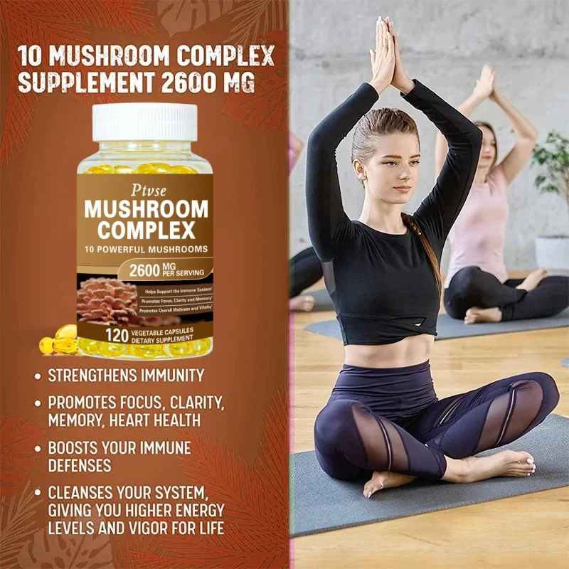 Ptvse Vegan Mushroom Complex Capsules with Lions Mane, Chaga, Reishi, Cordyceps For Men & Women Mood & Stress Dietary Supplement