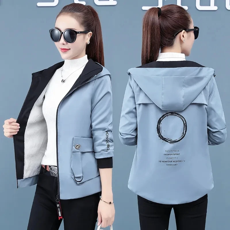2022 New Spring Autumn Jackets Slim Women's Short Coat Long Sleeve Pockets Print Patchwork Top Thick Hooded Outwear Trend Female pockets to keep warm women s short style plus velvet thick women s trend korean loose stand up collar coat shiny cotton down