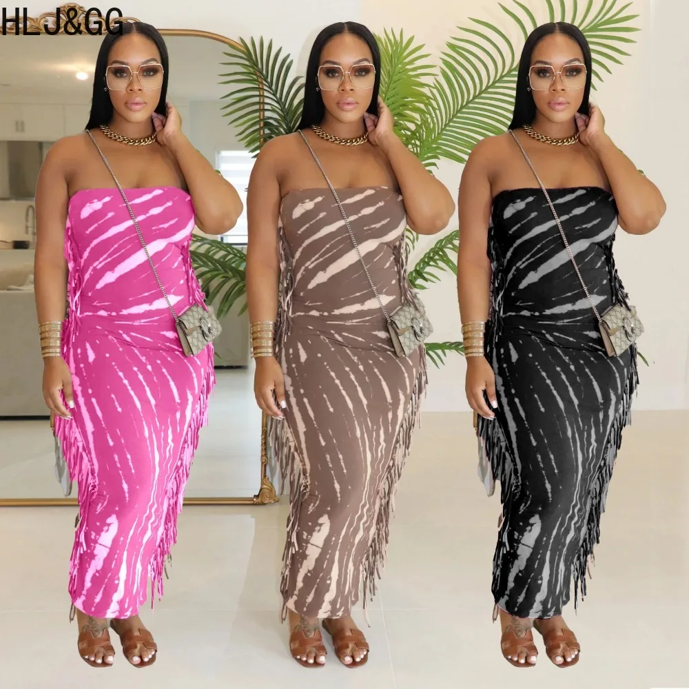 

HLJ&GG Sexy Printing Tassels Bodycon Tube Dresses Women Off Shoulder Sleeveless Backless Slim Vestidos Fashion Female Streetwear