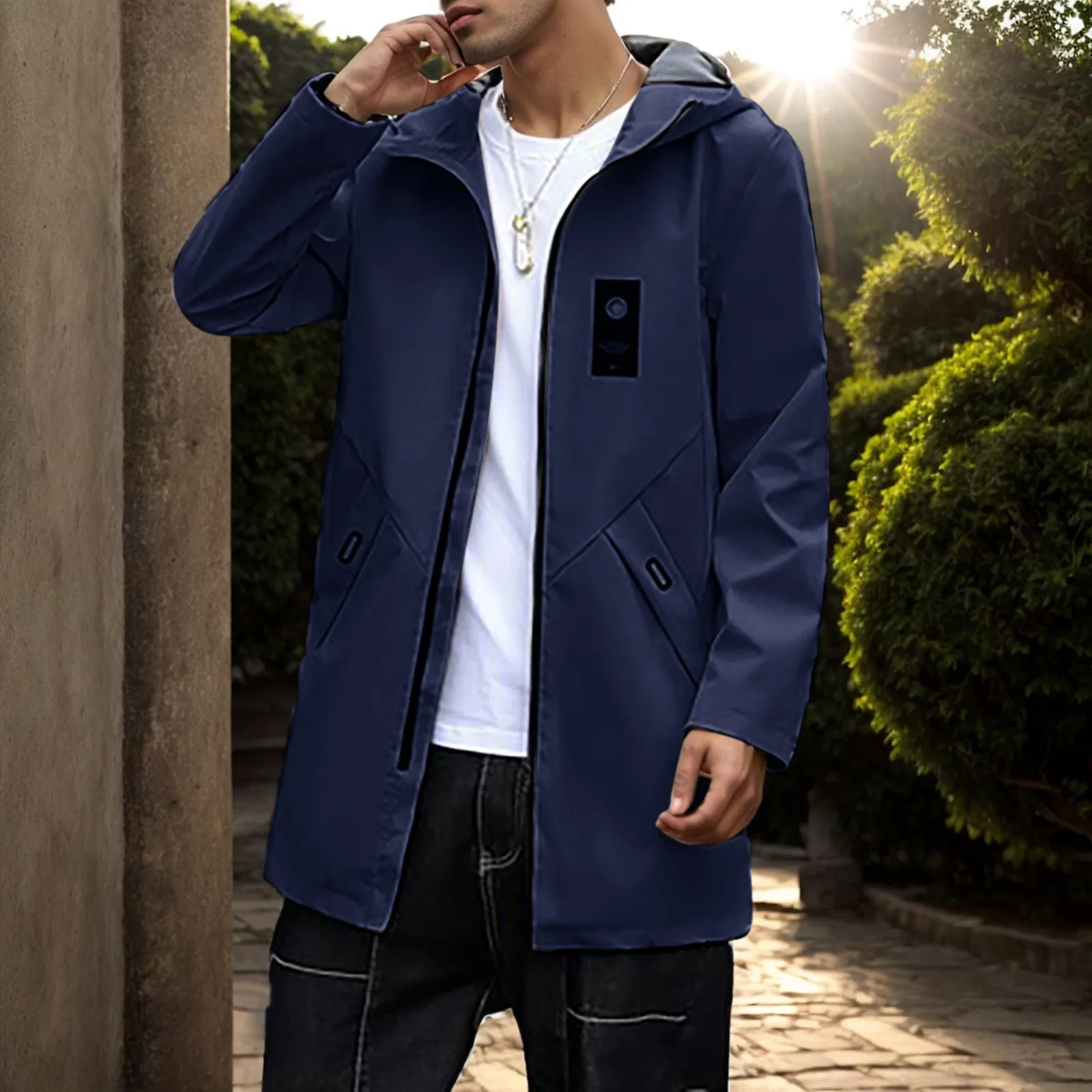 

Men's Outerwear Slim Fitting Mid Length Zippered Men's Jacket Hooded Trench Coat