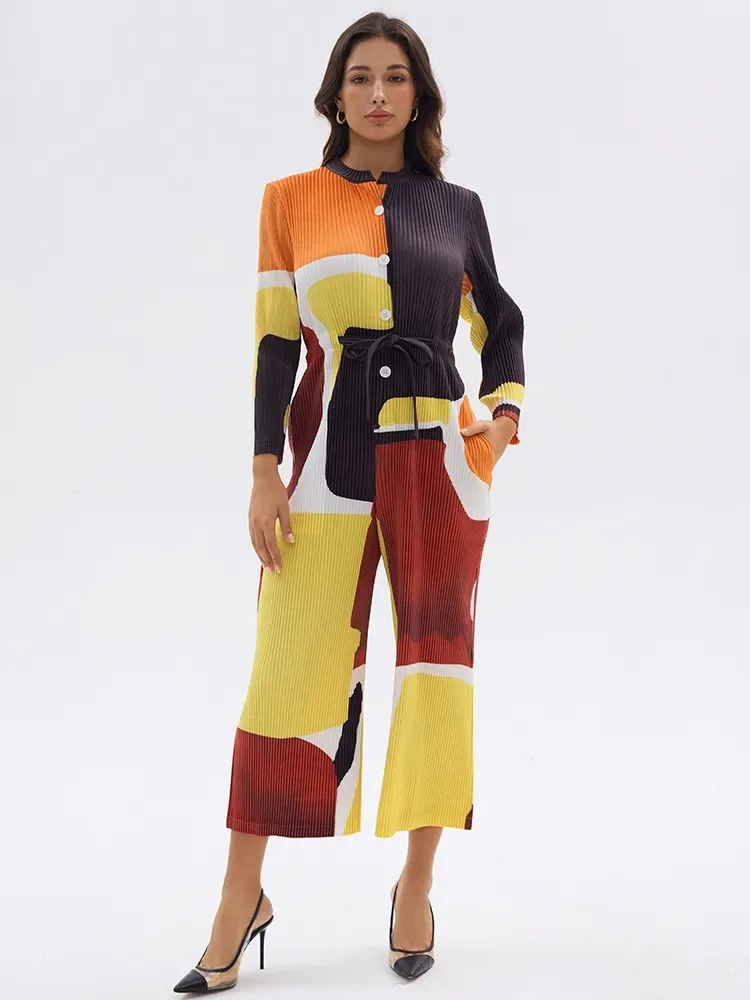 miyake-pleated-thick-printed-jumpsuit-women's-2023-autumn-winter-new-original-designer-long-casual-button-belt-jumpsuit