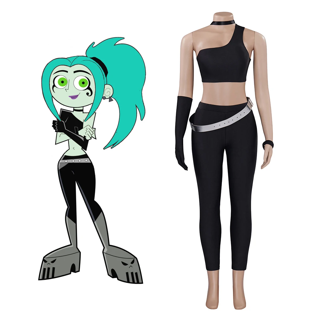 

Danny Phantom Ember McLain Cosplay Costume Sexy Black Suits Costume Crop Tank Pants Set Women Halloween Carnival Party Outfit