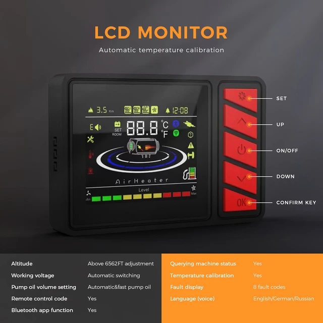 Dieselheizung Bluetooth APP Steuerung 5KW-8KW 12V/24V Diesel-Luft-Auto- Standheizung Schnelles Aufheizen mit verbessertem LCD-Schalterdisplay und  Fernbedienung für Wohnmobil, Garage, LKW-WEISS : : Auto & Motorrad