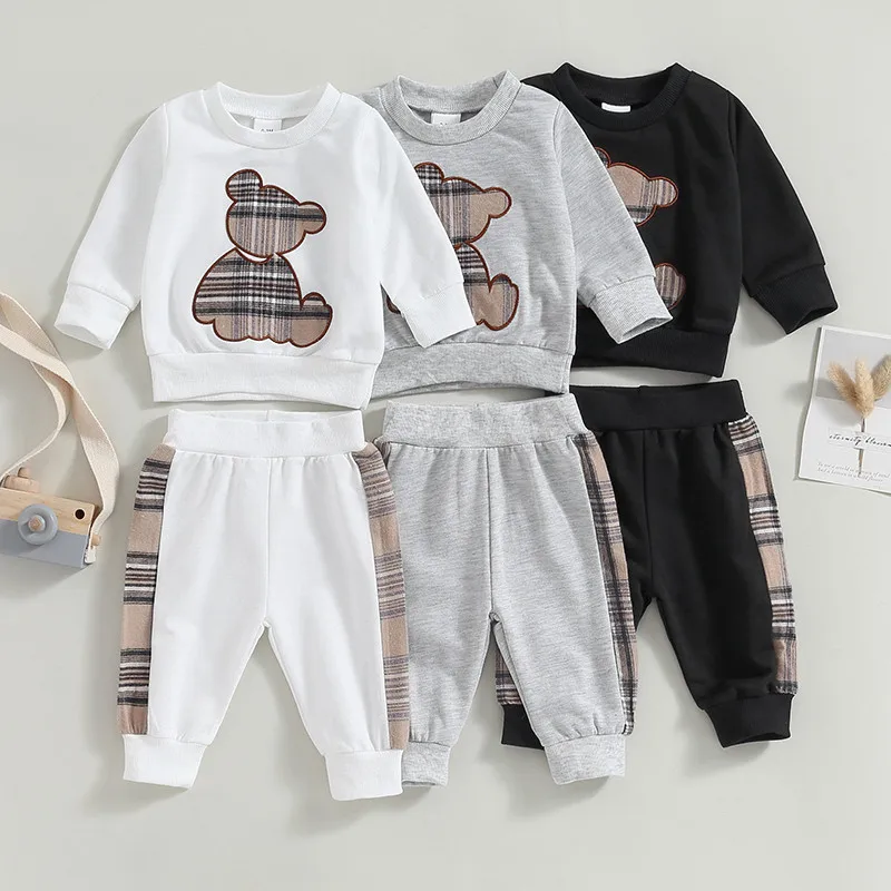 0-24months Baby Spring Autumn Clothes Set Long Sleeve Bear Sweatshirt With Plaid Sweatpants For Infant Boys And Girls Outfits