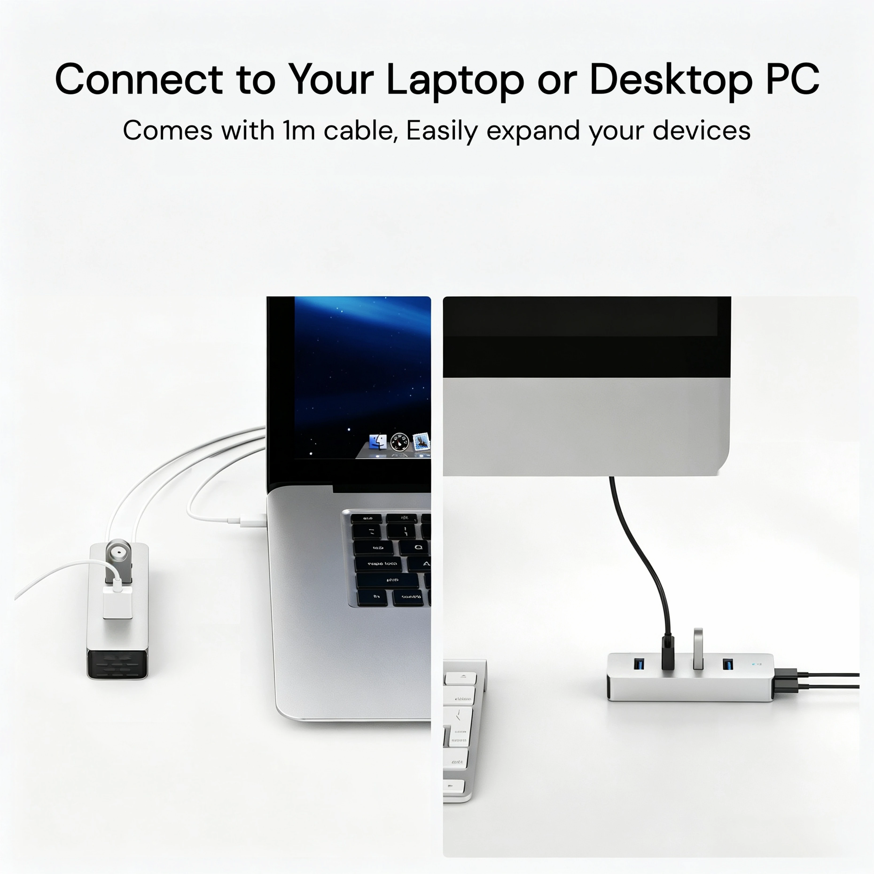High-Speed 4-Port Aluminum USB 3.0 Hub with Long Cable