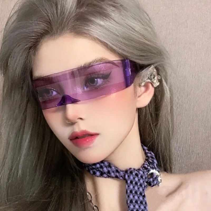 Y2K Future Warrior Rimless Sunglasses One Piece Lens Wrap Around Cyber Punk Futuristic Men Women Hip Hop Party Sun_voghion.com