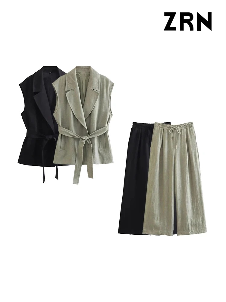 ZRN Women Fashion With Belt Linen Waistcoat And High Elastic Waist Wide Leg Pants Female Two Pieces Sets Mujer