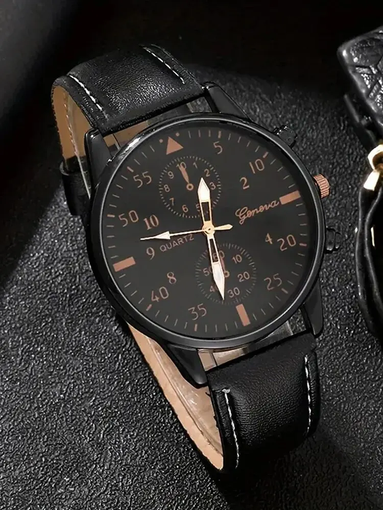 4pcs Fashion Business Leisure Round Men's Belt Quartz Watch with Woven Bracelet Set 2