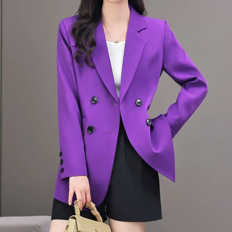 

High-End Suit Jacket Women Double-Breasted Mid-Length Slim-Fit Outwear Korean Style Large Size Solid Color Female Outcoat 2024