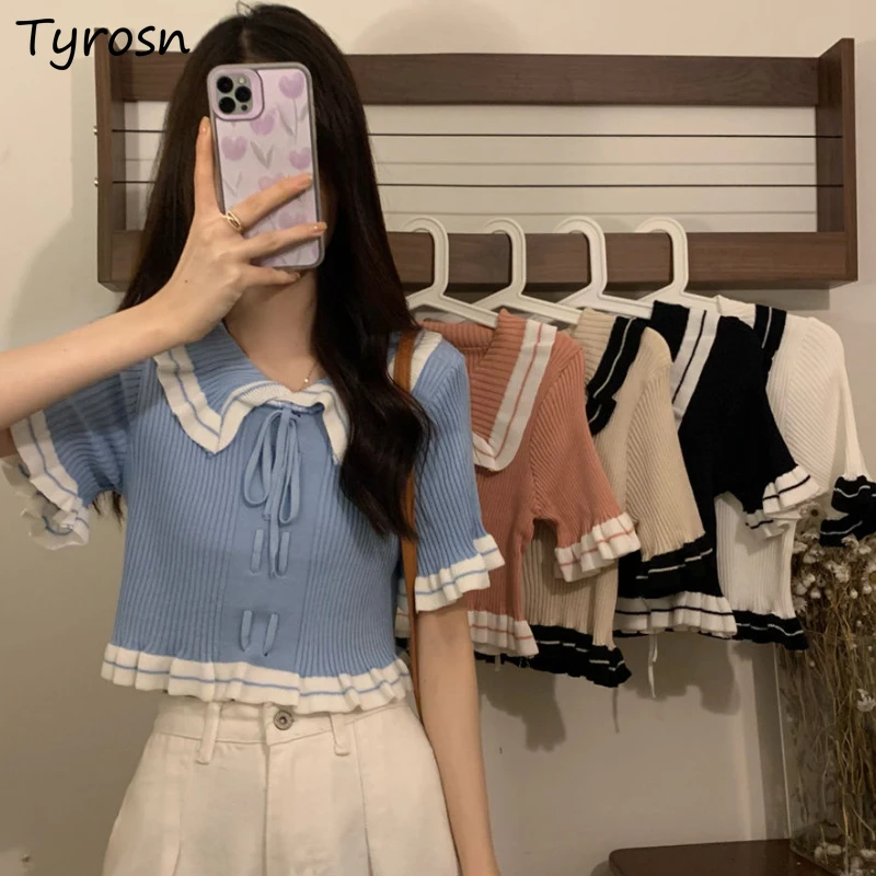 

Knitted T-shirts Women Crop Tops Sweet Bandage Panelled Casual Tender Summer Chic French Style Girlish Short Sleeve Aesthetic