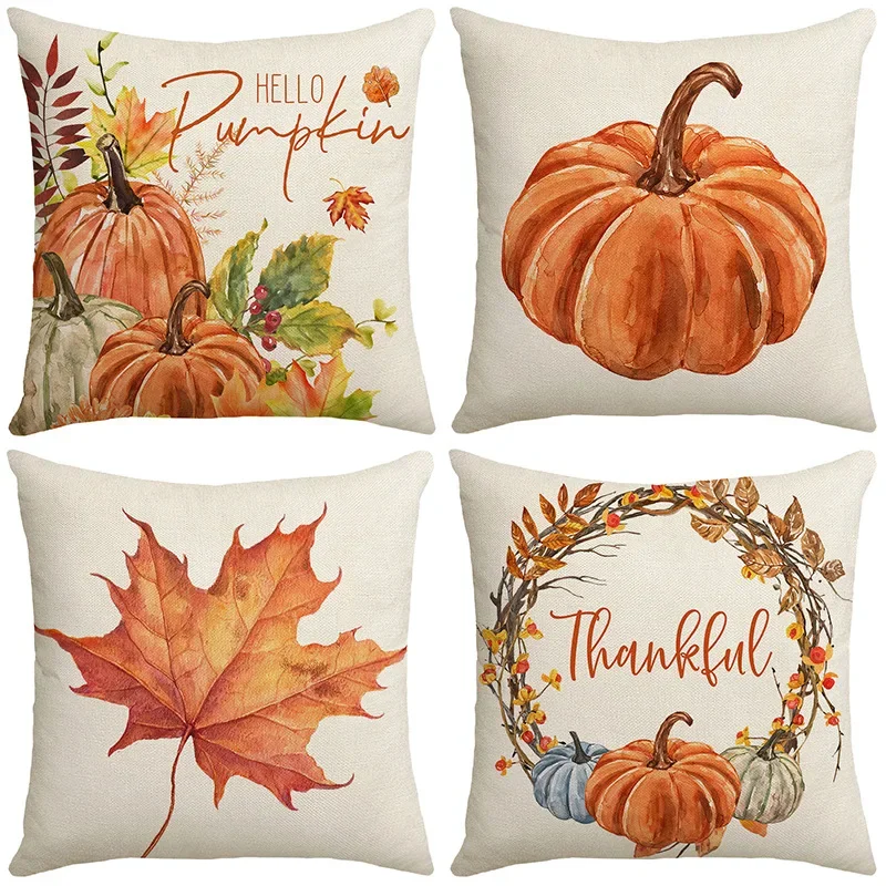 

Autumn Pumpkin Maple Leaves Wreath Print Cushion Cover Thanksgiving Decorations Pillow Case Farmhouse Home Decor Pillow Cover