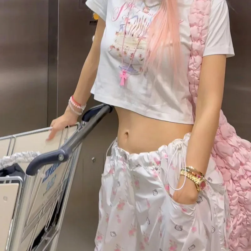 Kitty Floral Long Pants Rivet Pants Summer 2024 Sanrio Casual Drawstring Printed Wide Leg Pants High Waisted Straight Leg Pants