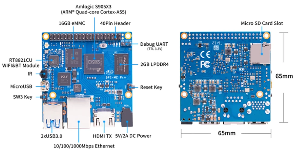 Banana Pi BPI M2 pro Quad-Core Cortex-A55 2.0 GHz 2GB RAM 16GB Storage Mali-G31