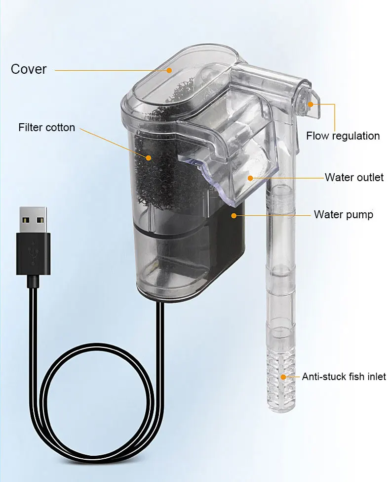 Aquarium Filter Aquarium New Hanging Filter Mini Filter Fish Tank USB power interface 2.5W Flow 250H/L Suitable for fish tanks below 30cm