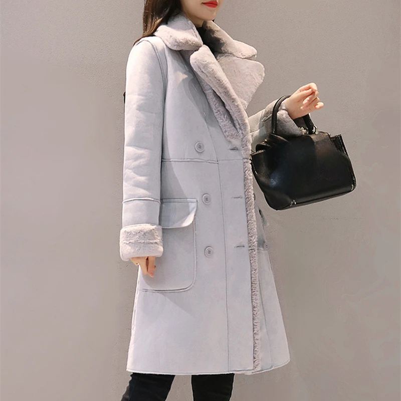 

Women's Winter Warm Velvet Padded Faux Suede Long Coat Parka Winter Jacket Women's Double-breasted Jacket Slim Solid Lapel Coat