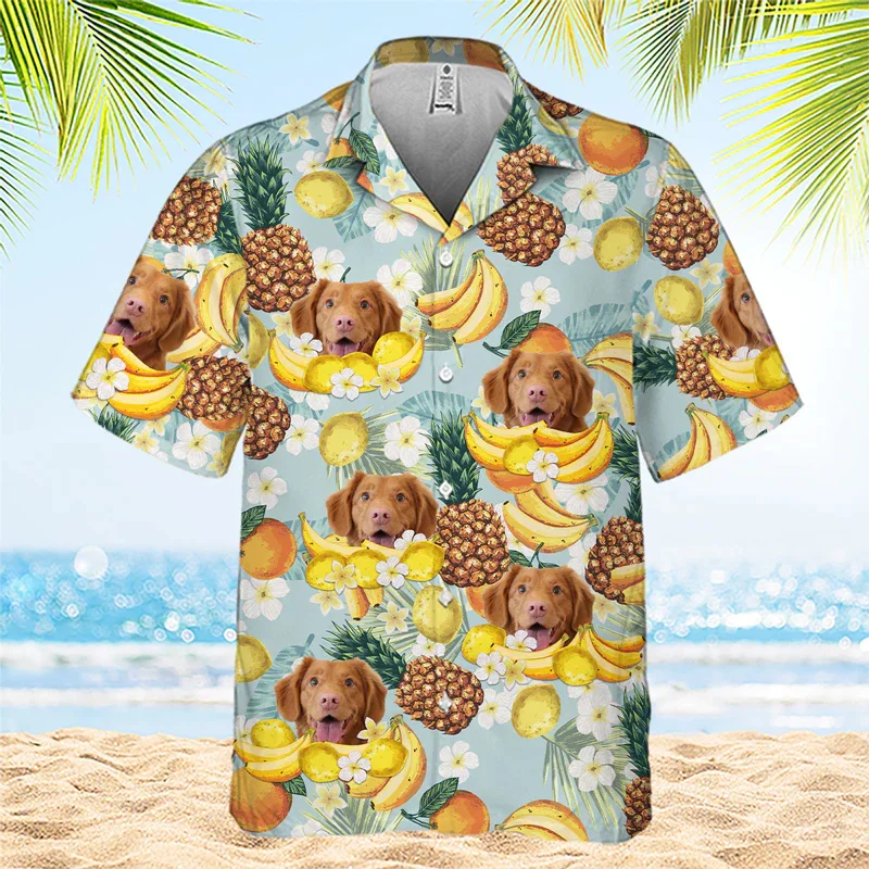 thumbnail image 1 of Camisa hawaiana unisex personalizada con estampado floral navideño para perros y gatos, camisetas de vacaciones en la playa con cara linda, camiseta de manga corta para hombres y mujeres, 1 of 5