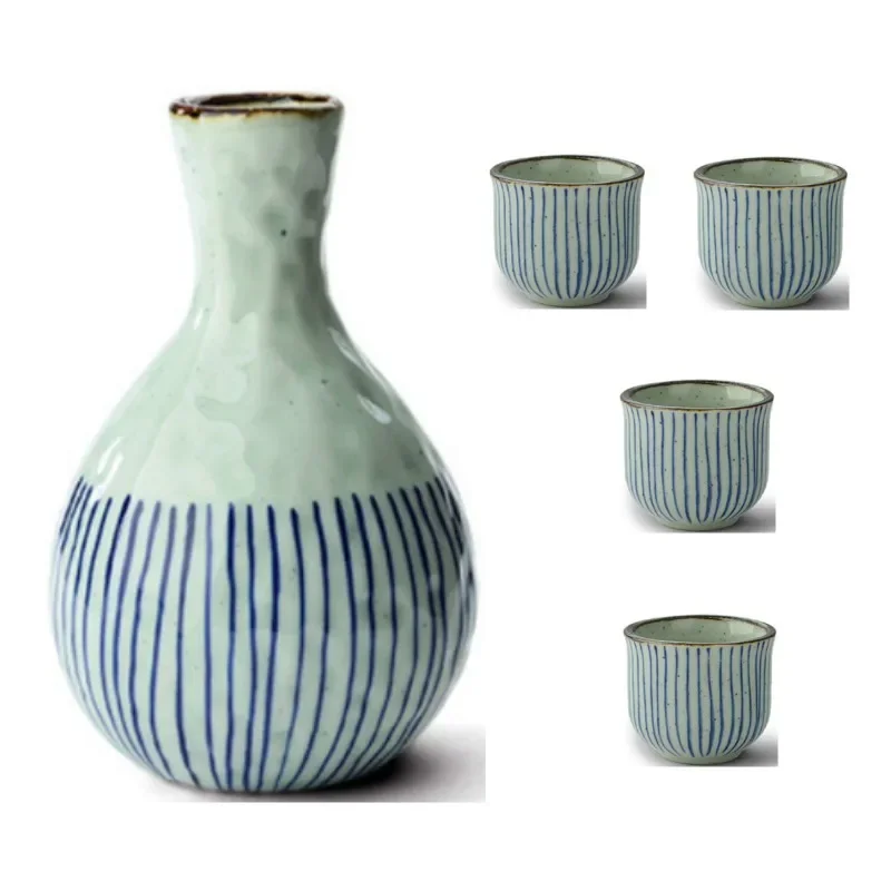 400ml Round Striped Sake Hip Flask Japan Korean Creative Hand-Painted Ceramic Bar Set 1 Pot 2/4 Cups Shochu Drinkware Bottle