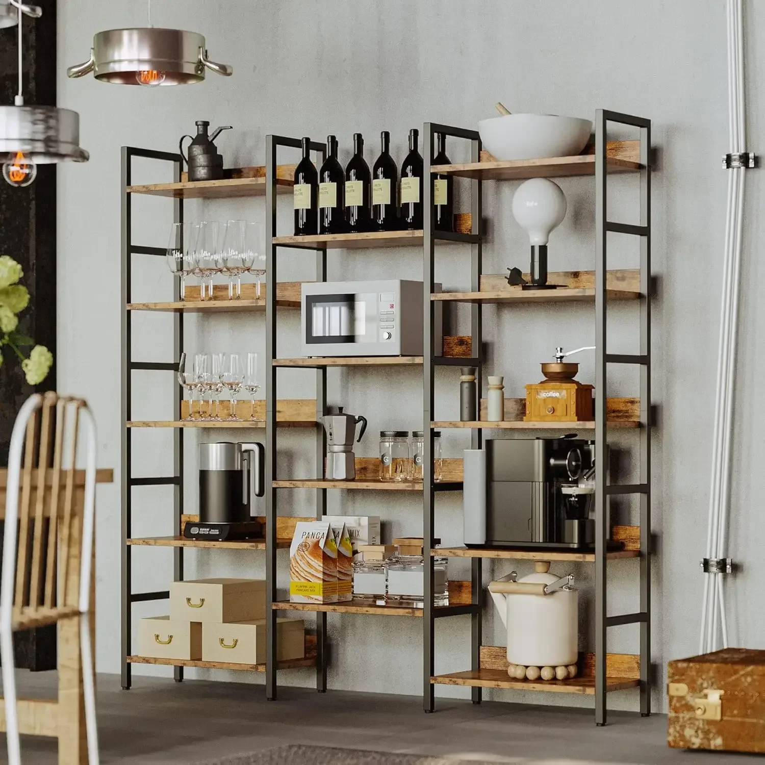 New2025-Bookcases and Bookshelves Triple Wide 5 Tiers Industrial Bookshelf with Baffles Large Etagere Bookshelf