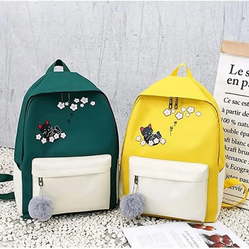 4 Piece Set Women Laptop Backpack Ribbon School Backpack Black Cat Book Bag for Teen Girls Student Book Bag Women Shoulder Bag