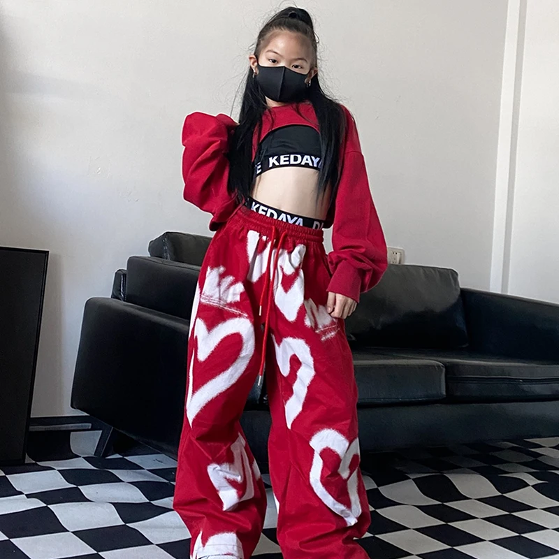 Ballroom Hip Hop Dance Costumes For Girls Hoodie Crop Tops Loose Pants Streetwear Kids Clothing Jazz Stage Wear DQS15454