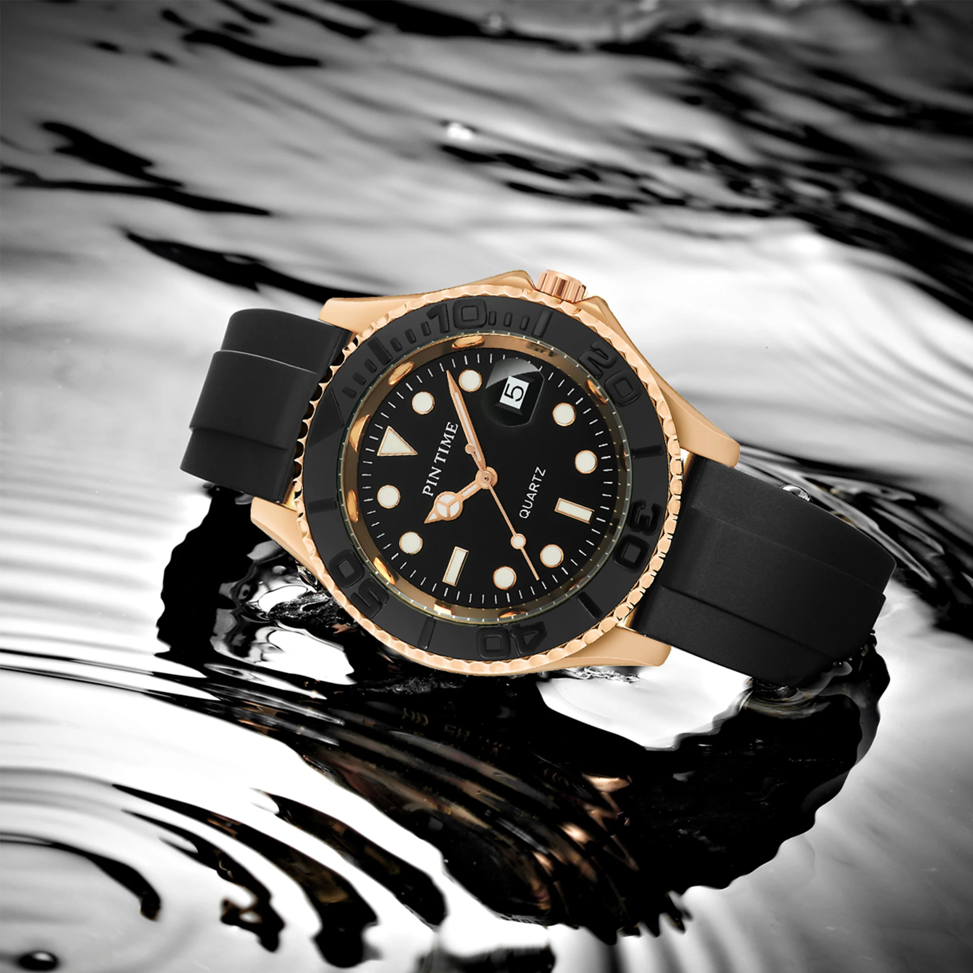 PINTIME Watches Luxury Men Sports Fashion Quartz Wristwatch Silicone Strap Stainless Steel Cover Leisure Waterproof Date Reloj