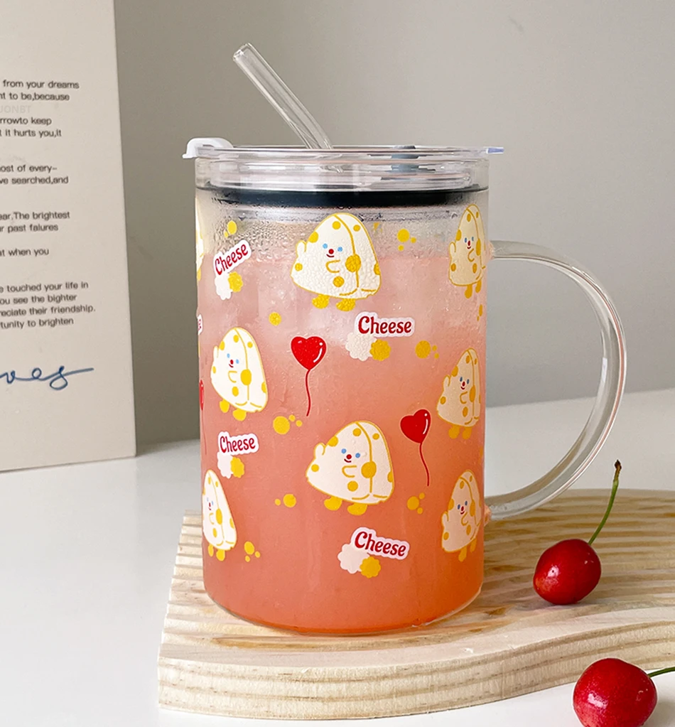 Lovely Glass Cup, Heat-Resistant Glass Cup Korean Milk Juice Cup with Straw  Simple Fashion Stable Cartoon Transparent Drink Mug,,F117436