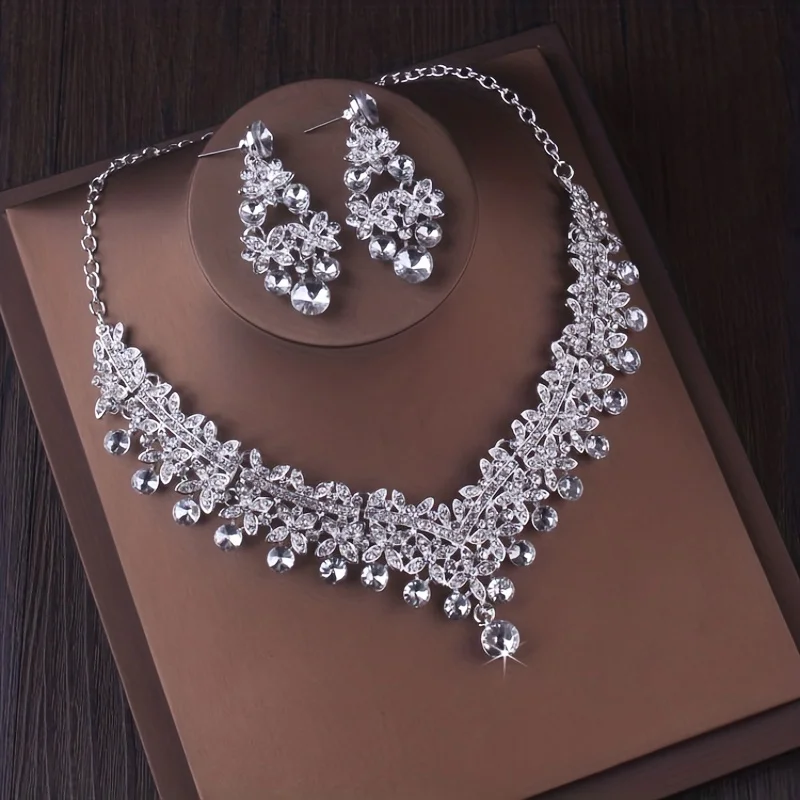 Bridal Jewelry Set 3Pcs Regal Bridal Crown and Jewelry Set in Silver-Plating for Weddings & Gifts