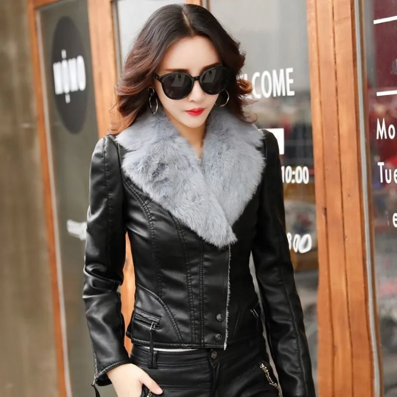 2023 Winter New Women Leather Top Short Jacket Fleece-Lined Fur Collar Leather Long Sleeve Slim Fit Fashionable Outcoat