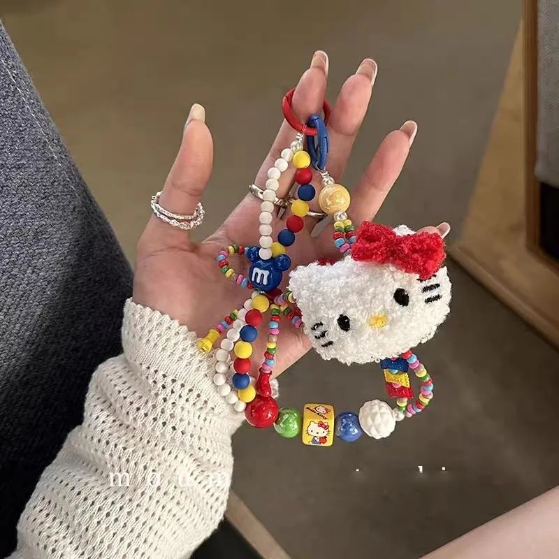 헬로 키티 산리오 귀여운 애니메이션 봉제 고양이 구슬 휴대폰 체인, 귀여운 휴대폰 로프 랜야드, 크리에이티브 펜던트, 어린이 장난감