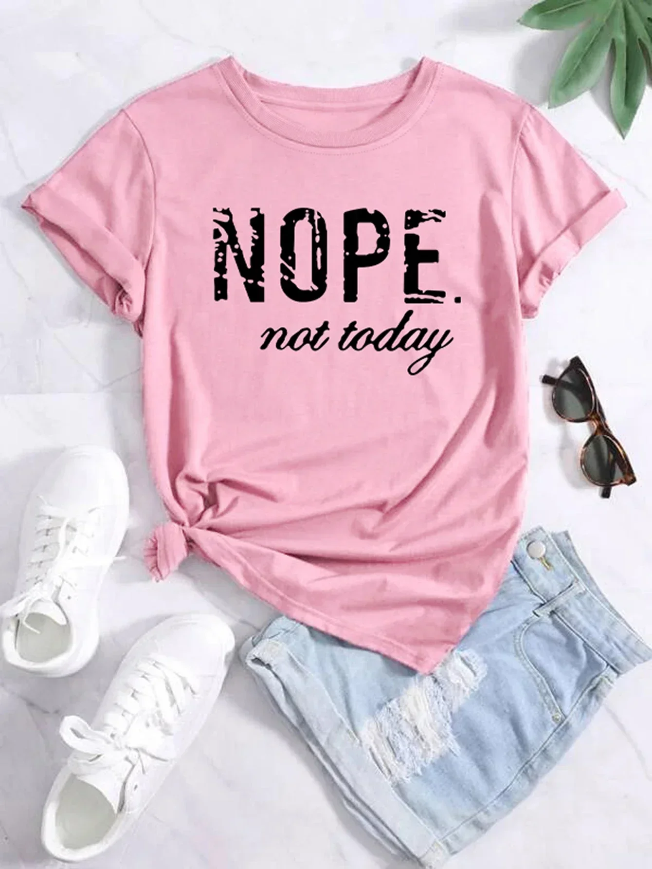 

Graphic T-Shirt Nope Not Today OverSize Letter Print Cute Short Sleeve Crew Neck Tops Casual Every Day Tops Women's Clothing Tee