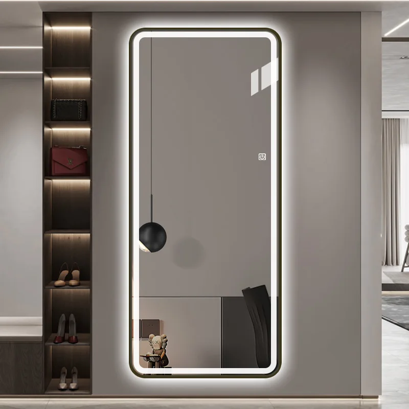 Square Full-length Mirror Full-body Mirror Smart LED Light Luminous Long with Metal Frame Plugged in Makeup Vanity