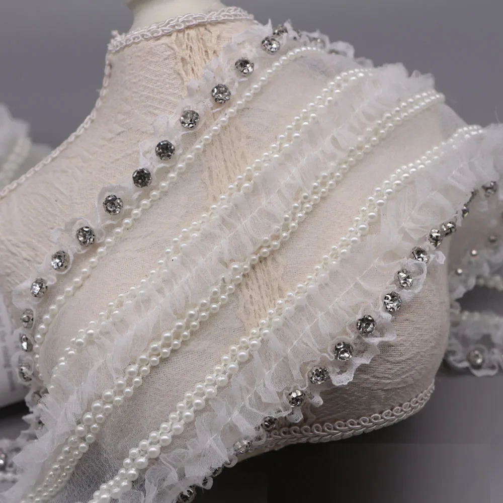 

15cm*1yard Rhinestone pearls beaded lace trim for clothes bags Handmade beading appliques patch diy sewing accessories Ribbons