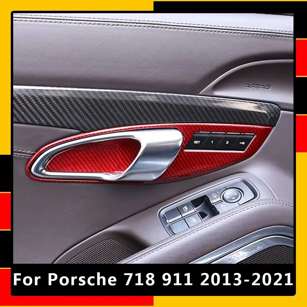 

For Porsche 718 911 2013-2021 Real Carbon Fiber Car Interior Accessories Inner Handle Door Bowl Decorative Protective Frame Red