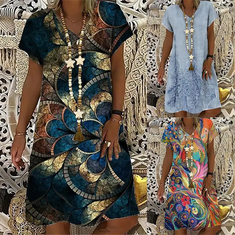 

New Fashion Women's Shift Dress Knee Length Dress Short Sleeve Floral Print Summer V Neck Casual Dress