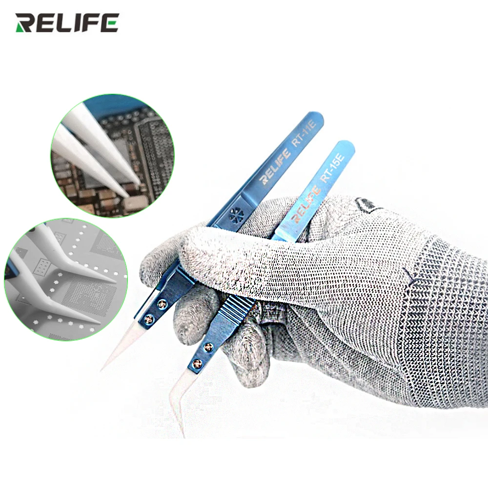 

RELIFE RT-11E/15E Ceramic Straight Tip Electronic Soldering Tweezers Anti-Static Reverse Acid Resistant Precision Chuck Tweezers