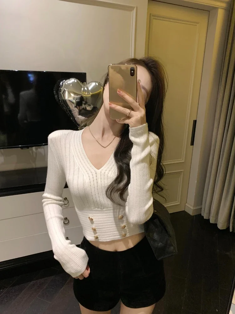

2023 Autumn Office Lady Knit Sweater Women Outwear Casual Long Sleeve Bodycon Elegant Blouse Pure Color Korean Fashion Pullover