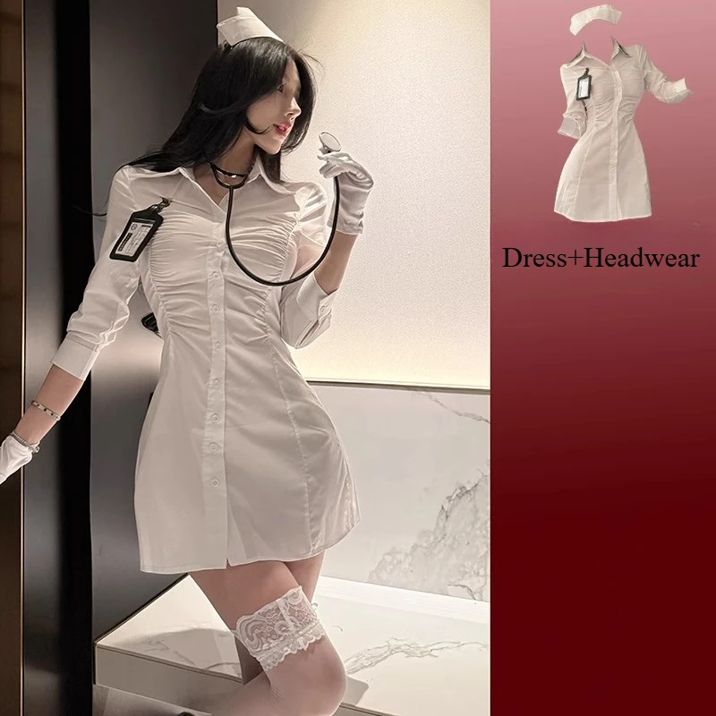 Halloween New Night Sexy Women's Angel Doctor Cosplay Costume Adult Maid Nurse Uniform Role Play Theme Party Dress with Hood